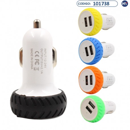 Cargador Vehicular para Celular - 2USB - 12/24V - 2.1A/1.0A - Blanco Rueda Colorida