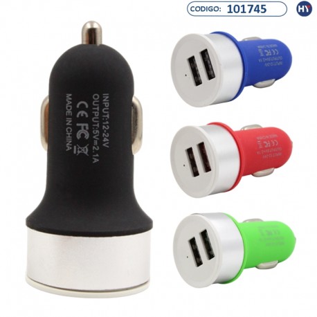 Cargador Vehicular para Celular - 2USB - 12/24V - 2.1A/1.0A - Base Plata - Varios Colores