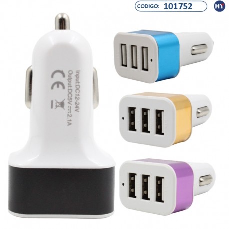 Cargador Vehicular para Celular - 3USB - 12/24V - 1.1A/2.1A/3.1A - Blanco con Base Colorid