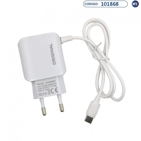 Cargador Enchufe Original Travel - 2USB - 0.5A/3.1A - Cable USB-C - Bivoltaje - Blanco