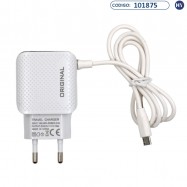 Cargador Enchufe Original Travel - 2USB - 0.5A/3.1A - Cable Micro-USB - Bivoltaje - Blanco