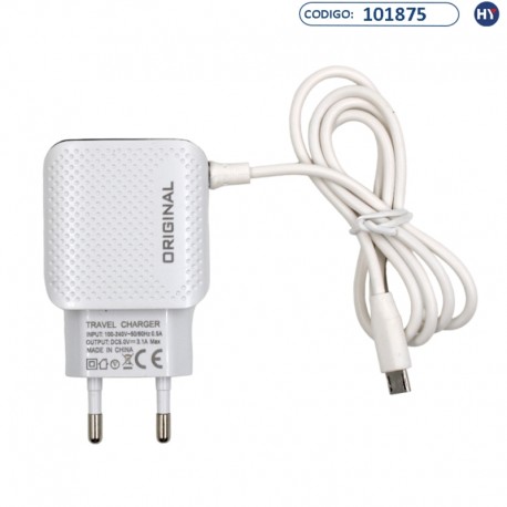 Cargador Enchufe Original Travel - 2USB - 0.5A/3.1A - Cable Micro-USB - Bivoltaje - Blanco