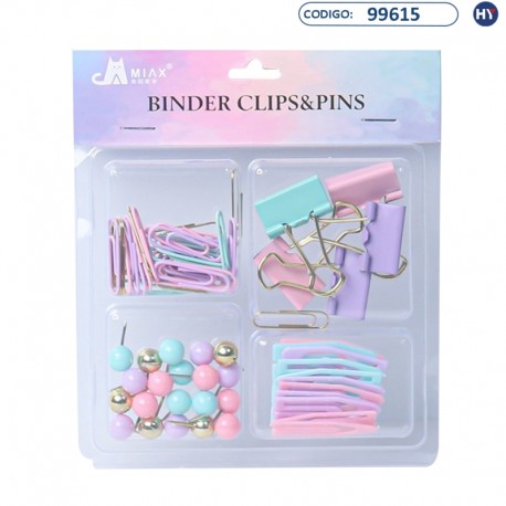 Clip Kit 4 em 1 Miax - Binder Clips & Pins - Cores Pasteis - F0436