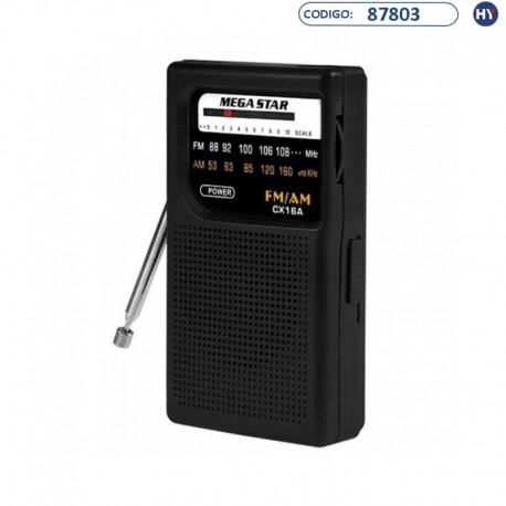 Rádio Portátil MegaStar CX16A de 2 Bandas AM/FM - 2x Pilhas AA - Preto